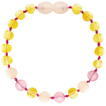 Wild Sun Barnsteen Armband Baby / Peuter - 14 cm – Lemon / Rose Quartz / Pink Jade